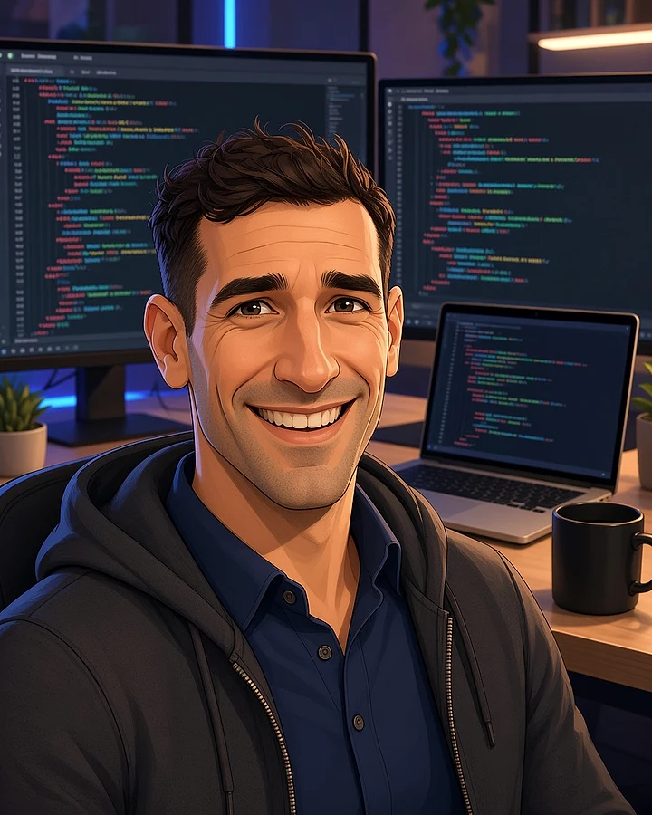 Illustrated portrait of Nacho Langdon in his workspace